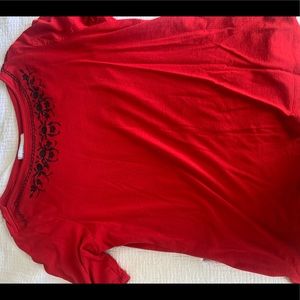 Red boat neck top with embroidery detail